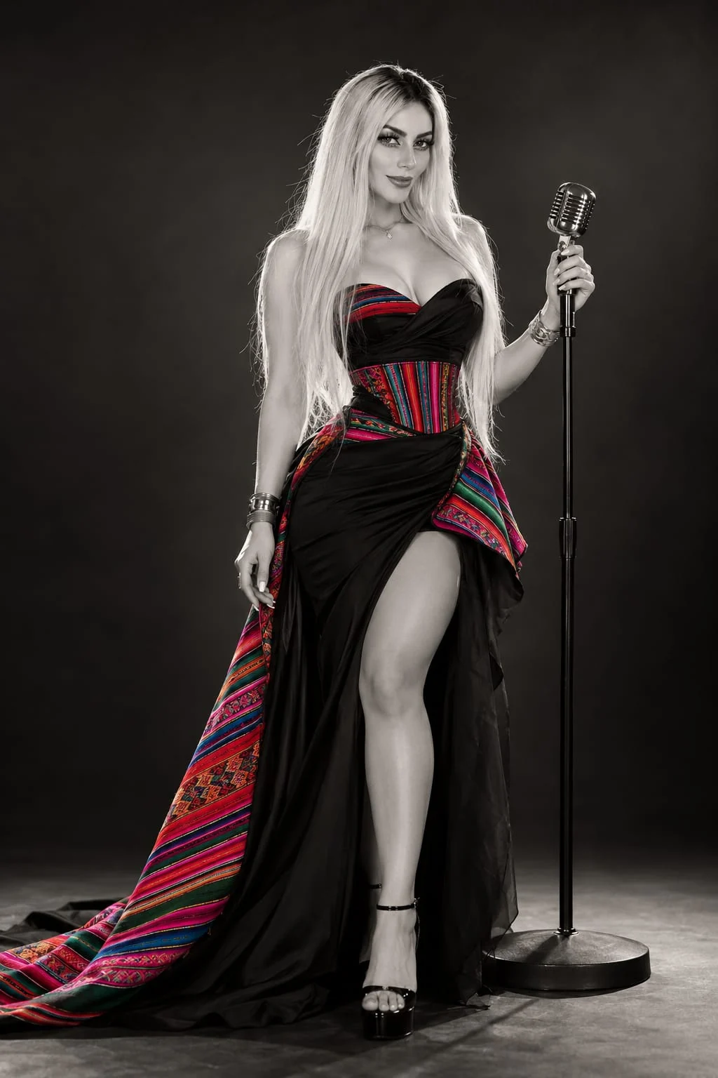 Ruby Herrera con micrófono vintage y vestido negro con aguayo